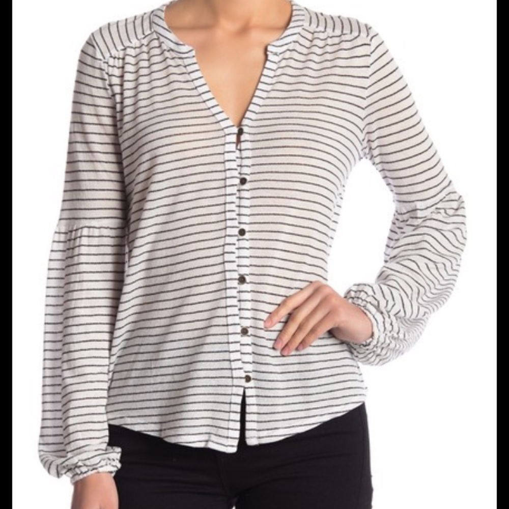 Lucky Brand Striped Button Front Puff Sleeve Top - Picture 5 of 8